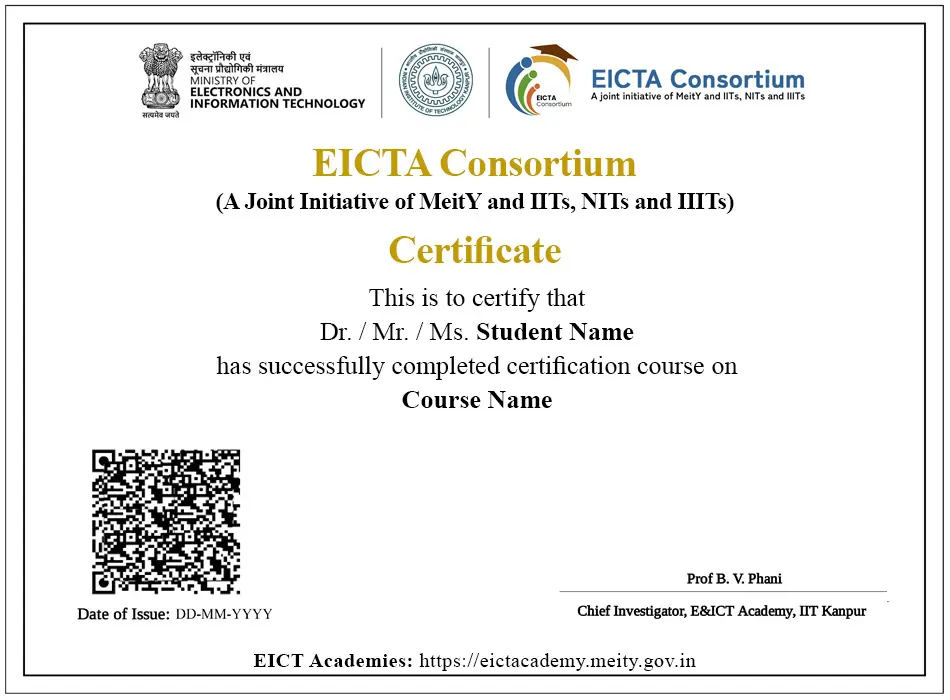EICTA Consortium certificate sample from E&ICT Academy, IIT Kanpur